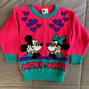 Vintage 1980s Mickey and Minnie Mouse Pink Sweater by Jet Set Clothing, size 2T